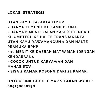 Kos Terjangkau Fasilitas Lengkap Daerah Matraman, Utan Kayu, UNJ, PRAMUKA Jakarta Timur 