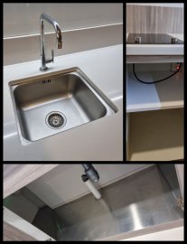 Dapur fungsional, dibawah kitchen sink dilapis stainless steel yg mudah dibersihkan